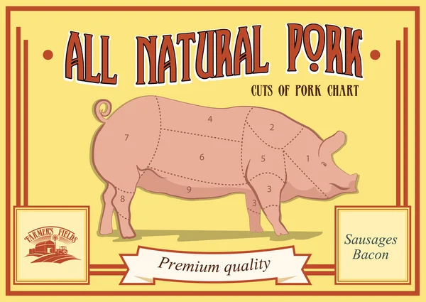 Schweinefleisch schneidet Diagramm, Vektorillustration für Ihr Design. Retro-Poster — Stockvektor