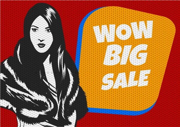 Pop Art vrouw Sale poster. Vectorillustratie — Stockvector