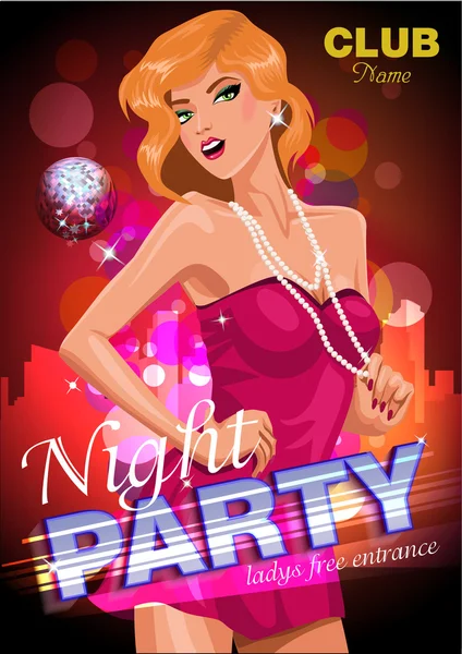 Vector illustration of blondy dancing woman. Night party posrer — Stock Vector