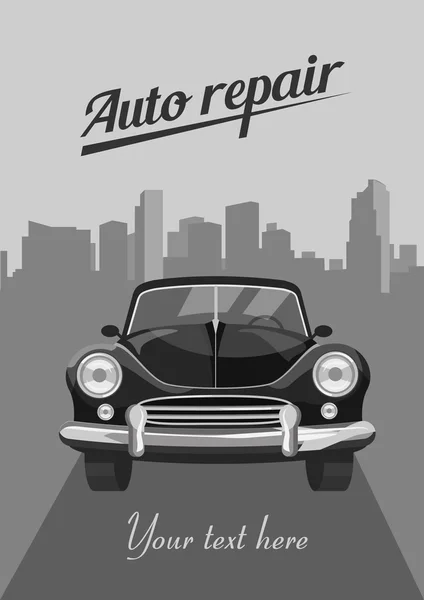 Retro auto op stad achtergrond. Vectorillustratie — Stockvector