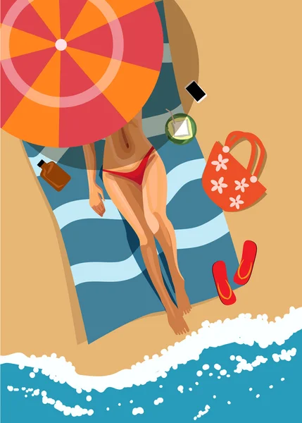 Mujer en la playa. Vista superior. Ilustración vectorial — Vector de stock