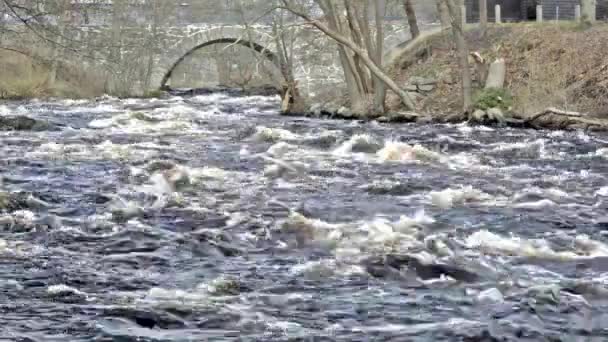 Stromschnellen und Brücke — Stockvideo