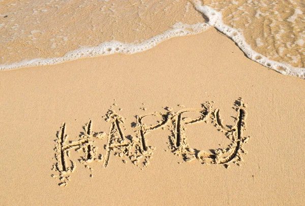 the word happy  written on the sand on the beach