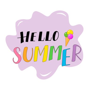 Merhaba Summer Season Vector and Clip Art, modaya uygun dokular. Çağrı sezonu, hafta sonu, tatil logosu, duvar kağıdı. Pembe arka planda renkli dondurmalı renkli harfler. Mutlu yaz günleri. Yazıtın yaz vektörü metni. Moda biçimi.