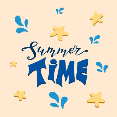 Yaz zamanı, dijital el yazısı, harfler, mavi harfler, açık sarı yıldızlar, mavi su damlaları, pembe arka plan. Vektör çizimleri, modern tasarım. Yaz illüstrasyonu, afiş, poster, kartpostal, broşür.