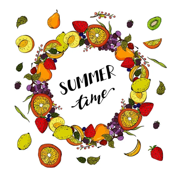 Summertime Digital Handwriting Lettering Black Letters Wreath Fruits Orange Strawberry — Stock Vector