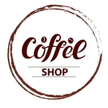 Kahve dükkanı logosu, pankartlar, menü, bardaklar, ambalajlar, cam çıkartmalar, posterler, broşürler, fiyat listesi posterleri, ürün çıkartmaları için set tasarımı. Kahverengi harfler ve kahve çekirdekleri daire şeklinde. Dijital vektör illüstrasyonu.