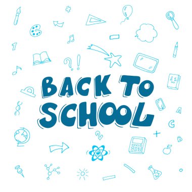  Okula dönüyorum, dijital harfler yazıyorum. Vektör illüstrasyon pankartı. Eğitim unsurlarına sahip arka plan tasarımı taslağı, mavi renk. Okul için şablon. Çizgi film stili.