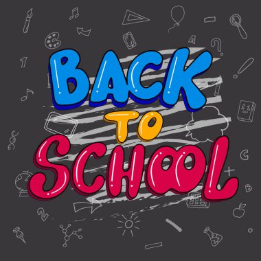 Okula geri döndüm, dijital el yazmaları, mavi, sarı ve pembe harflerle siyah tahtada beyaz tebeşirle okul konuları ve unsurları. Bir afişin vektör çizimi. Okul için şablon. Çizgi film ve çizgi film stili. Eğitim unsuru.. 