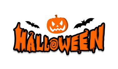 Turuncu balkabağı ve yarasalı bir partiye davetiye için Cadılar Bayramı afişi. Vektör çizimi. Pankart, poster, tebrik kartı ve parti için koyu gölgeli el yazısı. Moda illüstrasyonu, 31 Ekim.