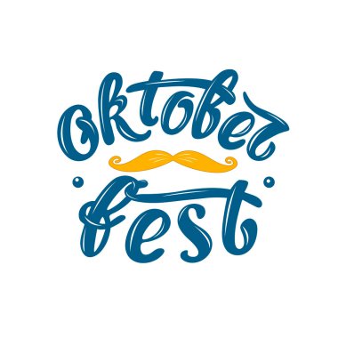  Oktoberfest el yazısı harfleri vektör tasarımı, mavi harfler nokta ve kırmızı bıyıklı daire şeklinde. Şablon olay kutlaması tasarla. Tebrik kartları ve posterler için başlık. Bavyera Bira Festivali afişi.