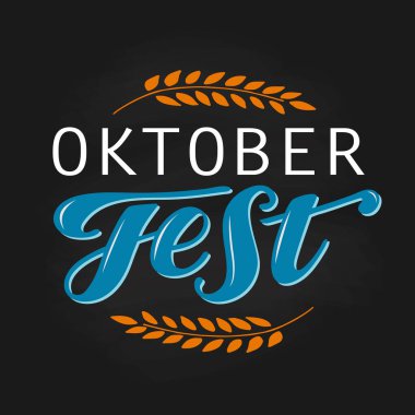Oktoberfest el yazısıyla yazılmış ve siyah arka planda buğday kulakları var. Tebrik kartları ve gelecek nesiller için tasarlandı. Bira festivalinin dijital afişi. Bir tasarım şablonu kutluyoruz. Vektör illüstrasyonu.