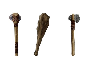 set of Prehistoric weapons. Club, ax, hammer. illustration on white background.. clipart