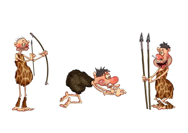 Cave hunters with weapons in different poses and emotions. Illustration on white background..