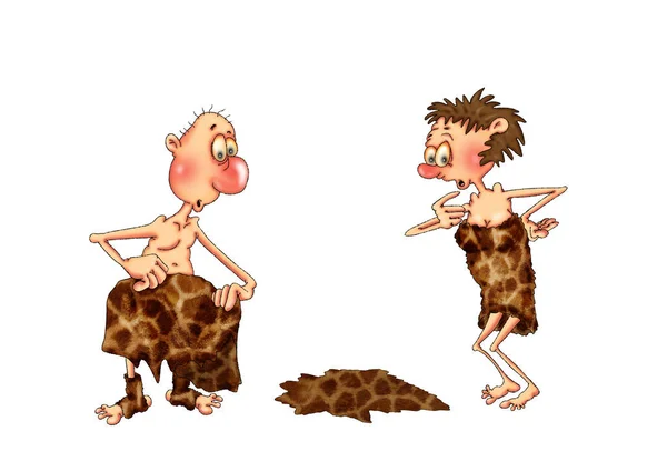 prehistoric man and woman dress in clothes made of animal skins. Illustration on white background..