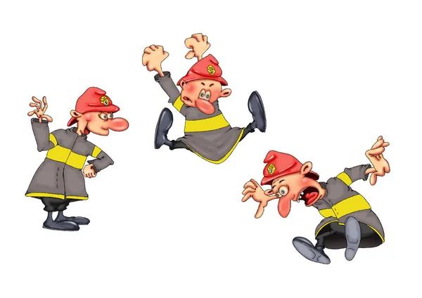 Brandweerlieden Verschillende Grappige Houdingen Illustratie Witte Achtergrond — Stockfoto