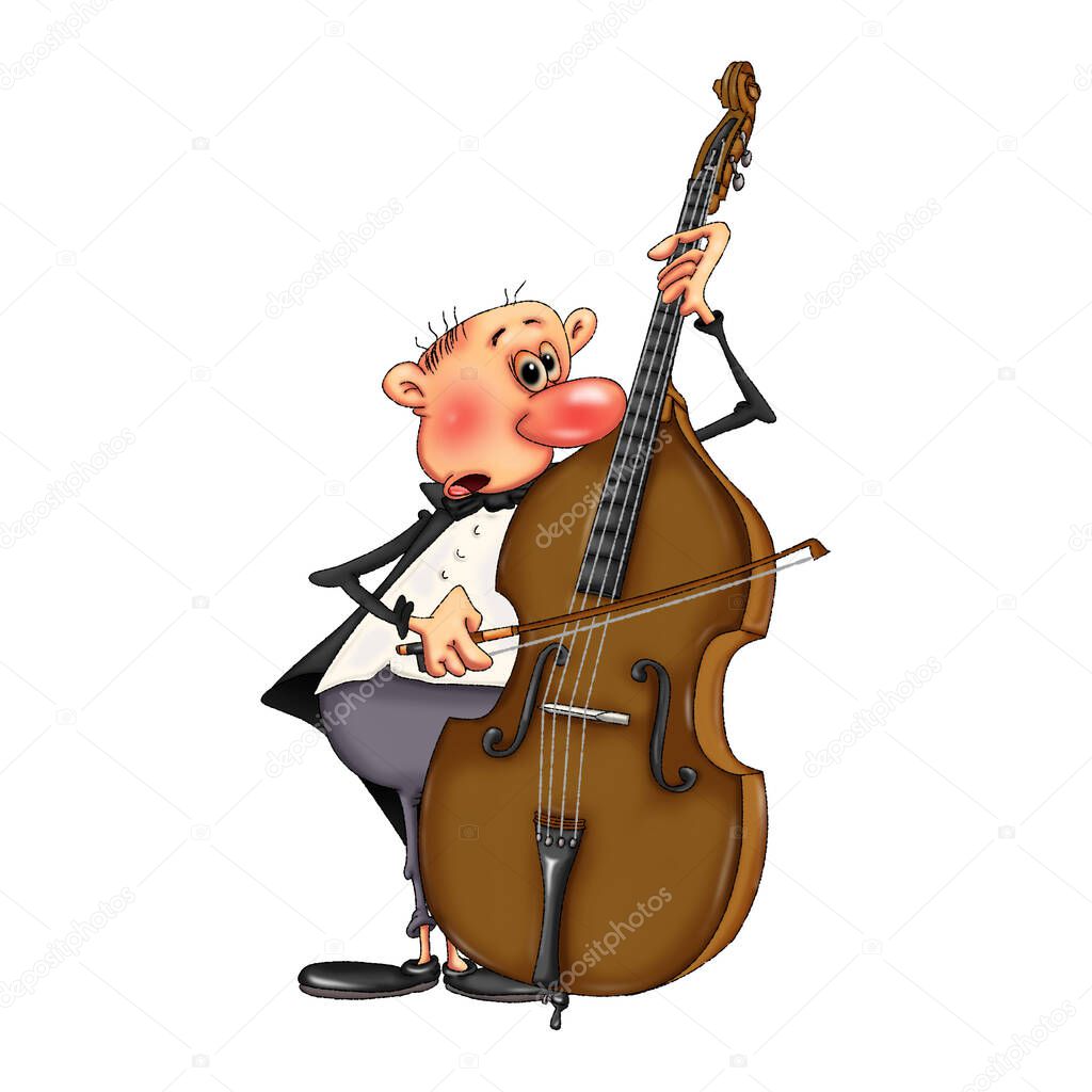 A man musician plays the double bass. Cartoon illustration on a white background..