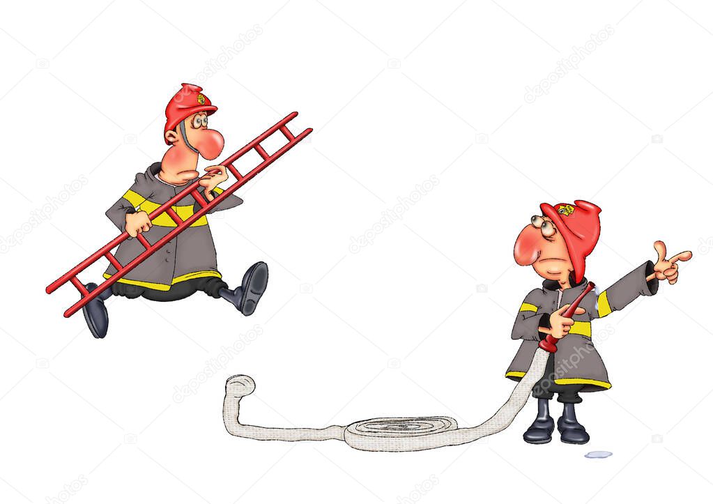Firefighters extinguish the fire. Illustration on white background..
