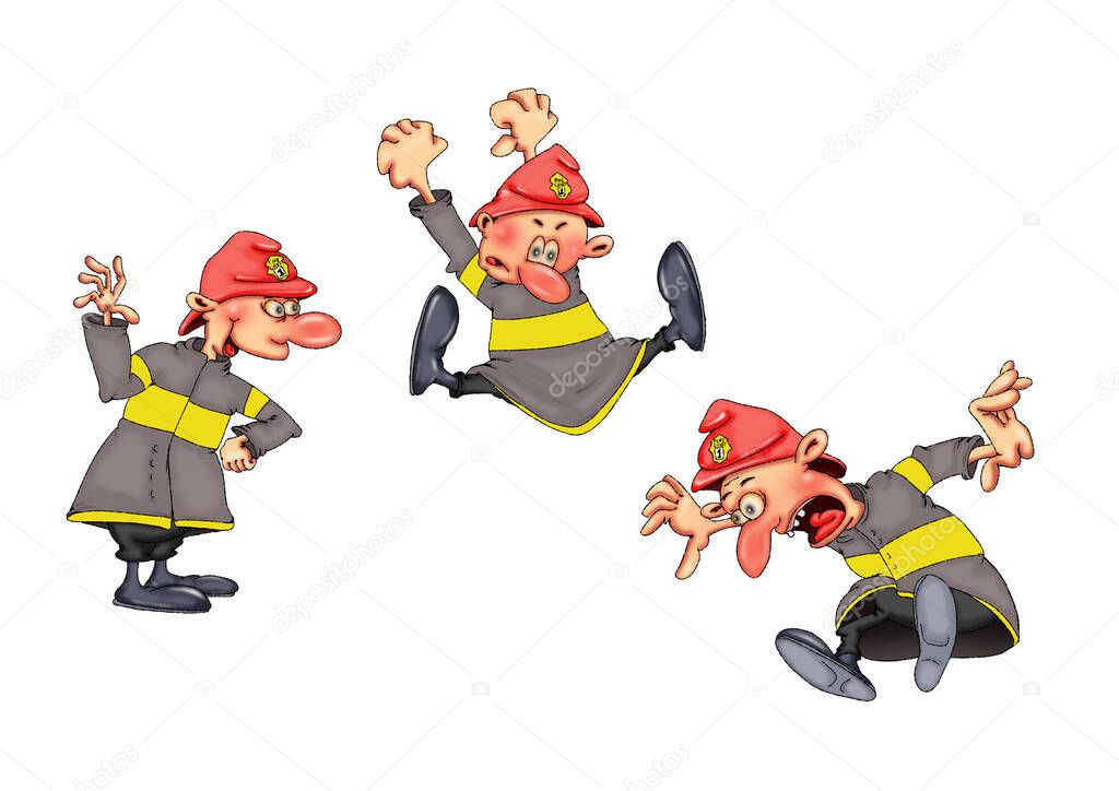 Firefighters in various funny poses. Illustration on white background..