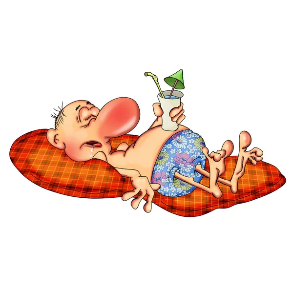 Güneş banyosu yapan adam şişme yatakta uyuyor. Beyaz arkaplanda resim.