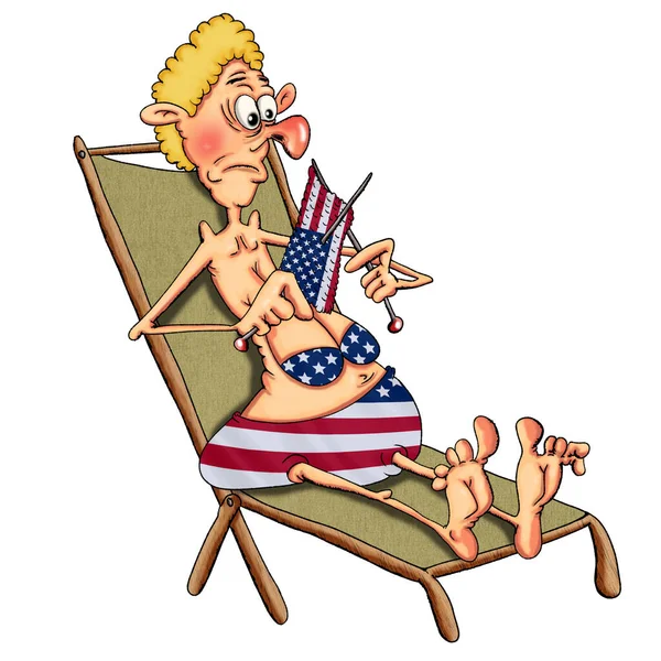 Plaj sandalyesinde güneşlenen yaşlı bir kadın örgü örüyor. Beyaz arkaplanda illüstrasyon..