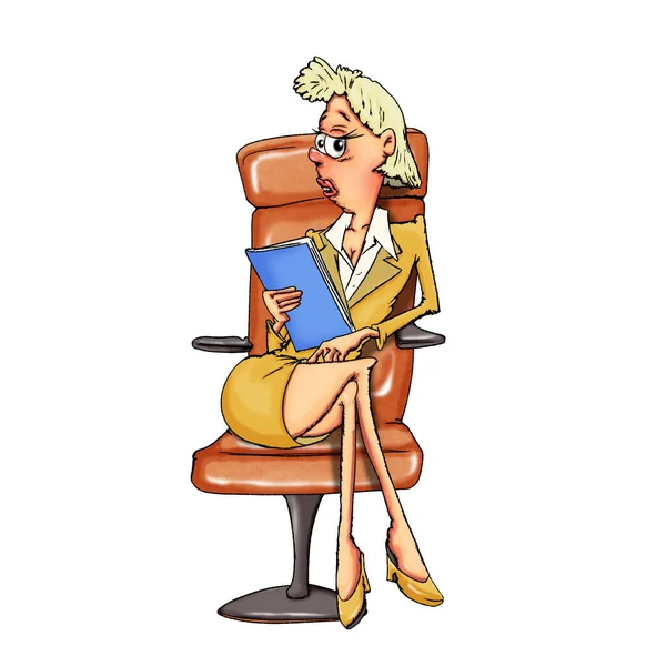 Elinde dosya olan bir iş kadını yönetici koltuğunda oturuyor..