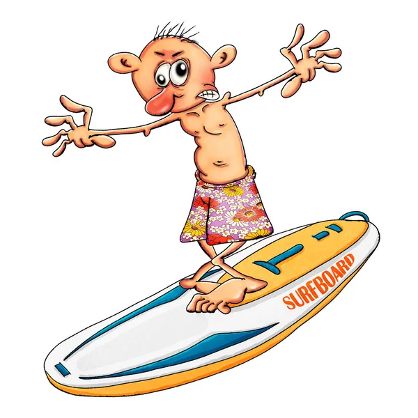 Surfista Numa Prancha Surf Ilustração Sobre Fundo Branco — Fotografia de Stock