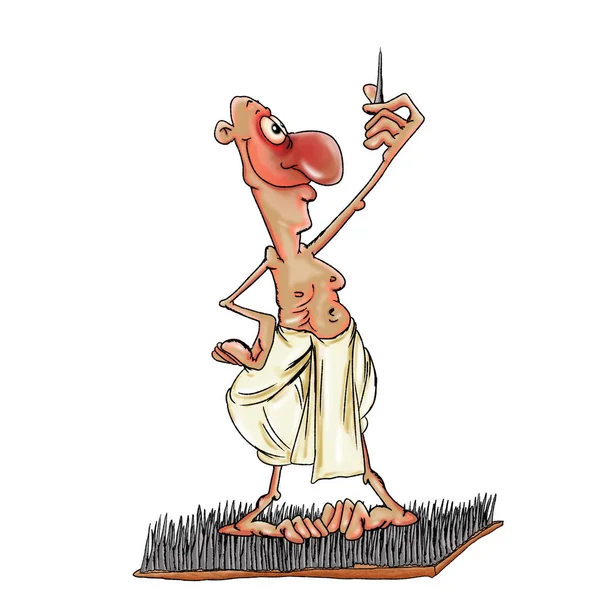 Der Yogi Steht Auf Scharfen Nadeln Abbildung Auf Weißem Hintergrund — Stockfoto