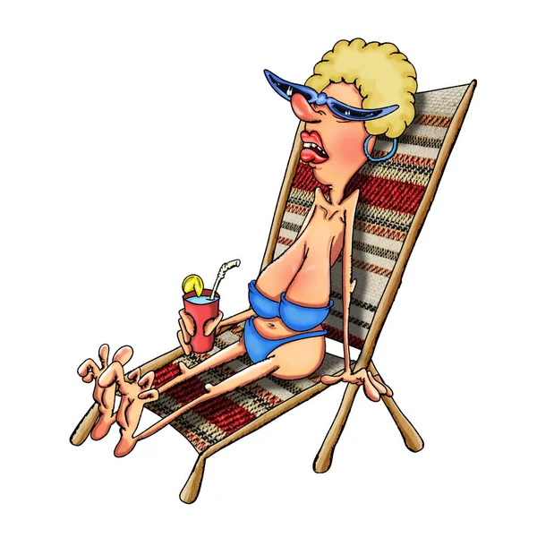 Mujer Tomando Sol Una Silla Playa Con Cóctel Ilustración Sobre — Foto de Stock
