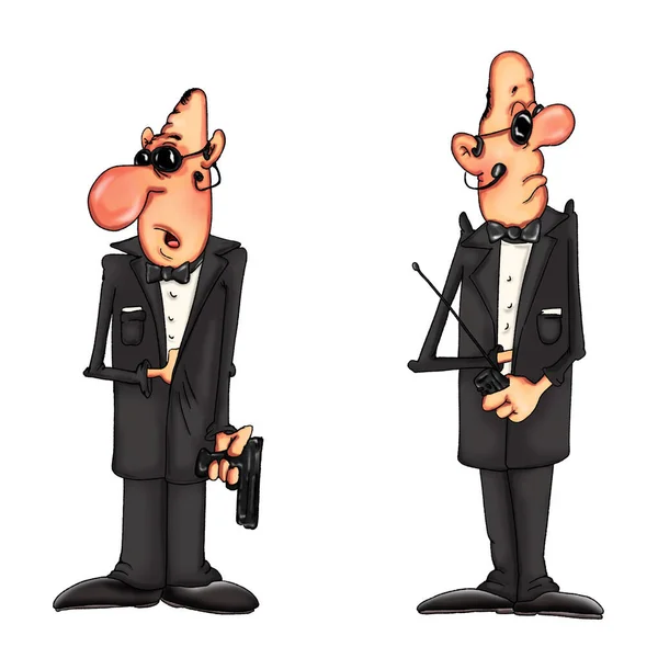 Cartoon bodyguards in black suits and weapons. Illustration for design..