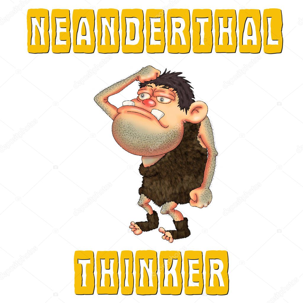 Neanderthal thinker. Cartoon funny character for print and stickers..
