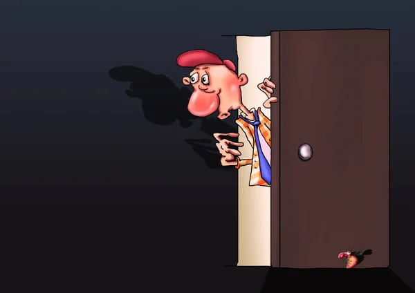 Um homem olha pela porta para um quarto escuro. Caricatura. — Fotografia de Stock