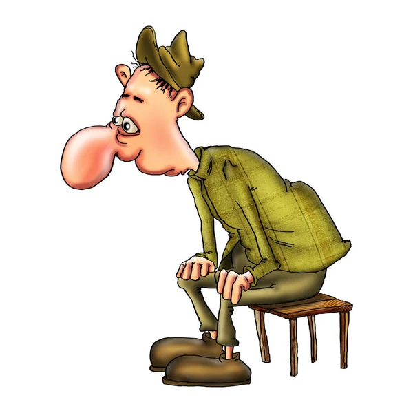 Ceketli ve şapkalı üzgün bir adam ahşap bir sandalyede oturuyor. Beyaz arkaplanda karikatür.