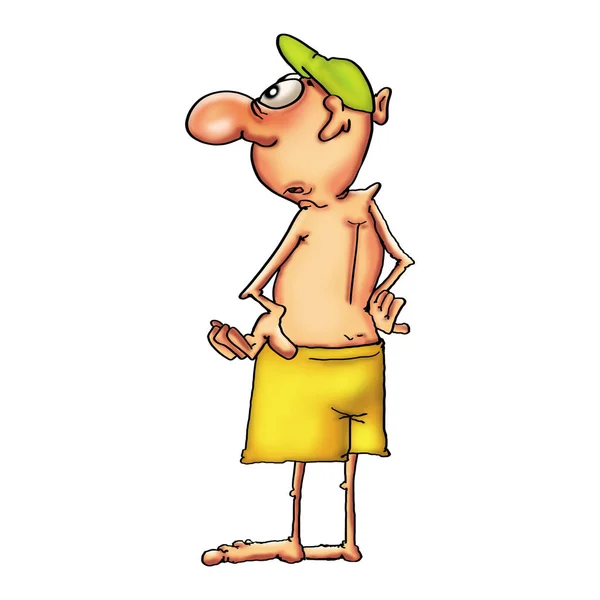 A man in shorts and a cap looks into the distance. Caricature on a white background. — Stock Photo, Image