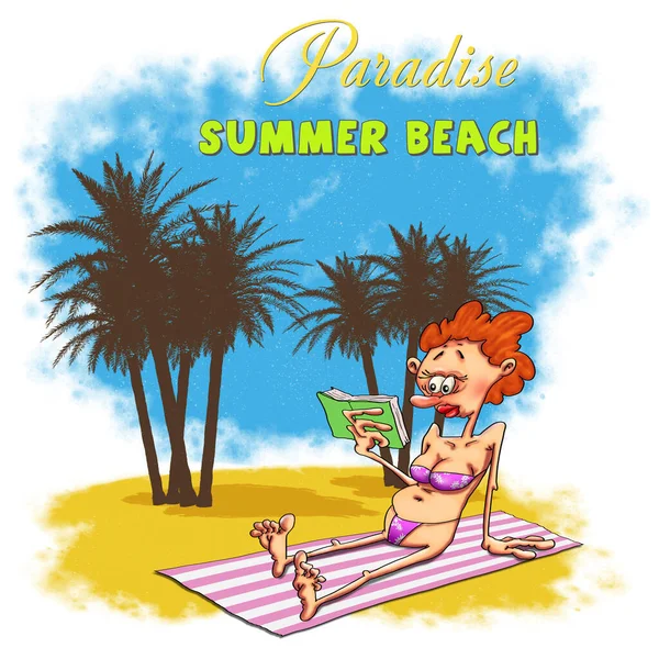 Cartoon vrouw rusten op een paradijs tropisch eiland en het lezen van een boek. — Stockfoto