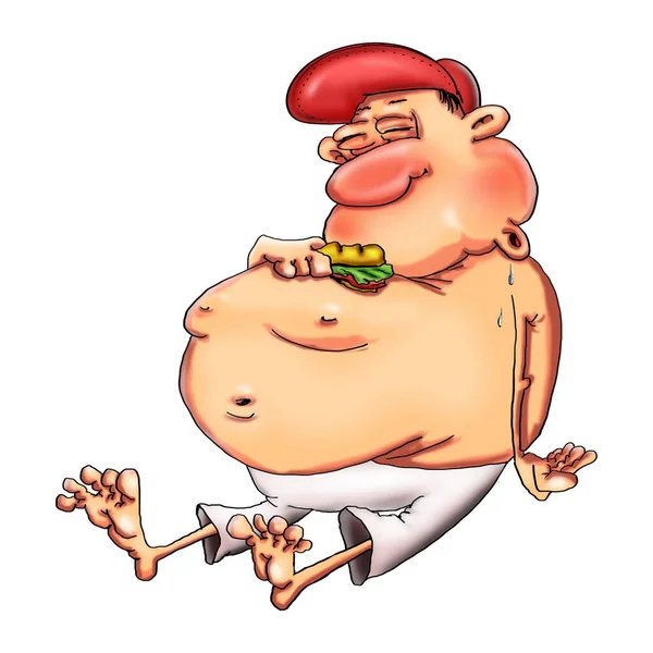 Um homem gordo de barriga de panela em shorts e um boné dorme sentado e segura um sanduíche meio comido na mão. — Fotografia de Stock