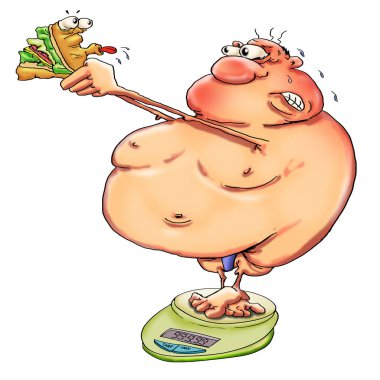 Fat man stands on the scales and is angry at the sandwich in his hand
