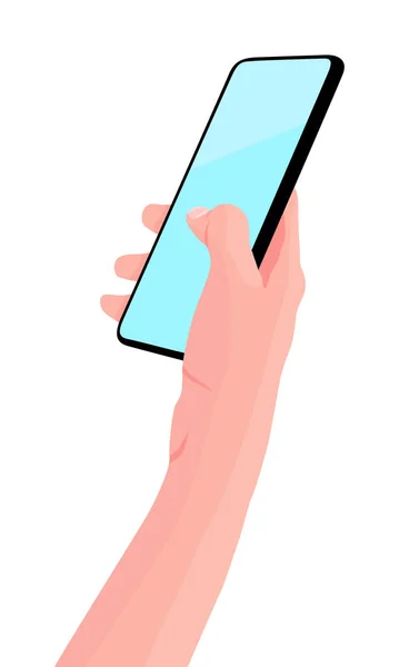 Mobiltelefon i handen. Kvinna håller svart smartphone. Fingerpekskärm. Kopiera utrymmet för ditt sms. Illustration, vit bakgrund — Stockfoto