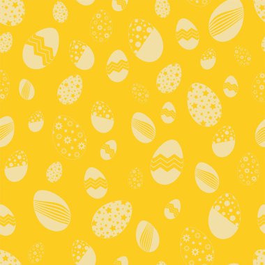 Süslü paskalya yumurtalarıyla kusursuz bir desen. Kumaş baskısı için Paskalya sarısı tatil arka planı, koleksiyon kitabı, hediye paketi ve duvar kağıtları için kağıt.