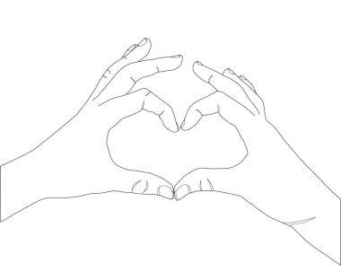 Eller kalp şeklini gösterir. El çizimi vektör çizgisi çizimi. Çizim