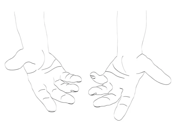 Lidské ruce otevřené. Pár mužských rukou s obnaženou dlaní, žádostí nebo darováním. Ilustrace čáry. Vektor. — Stockový vektor