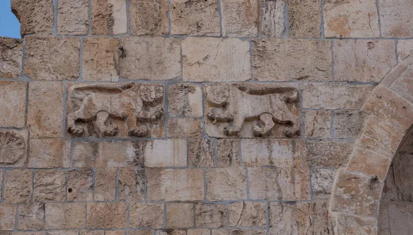 Israele, Gerusalemme, Città Vecchia, Porta dei Leoni. Arredamento sul muro di pietra vicino all'ingresso — Foto Stock