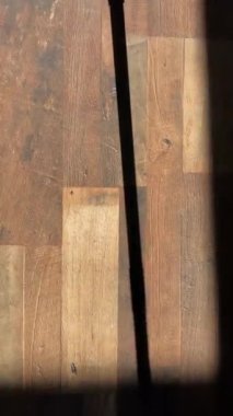 Düz bir mikrofiber paspası doğal ışık altında ahşap bir zeminde gösteren dikey bir video. Temizlenmiş ve temizlenmemiş bölümler arasındaki açık bir tezat temizliği, ev bakımını ve ev işlerini vurguluyor. Yüksek kaliteli FullHD görüntüler