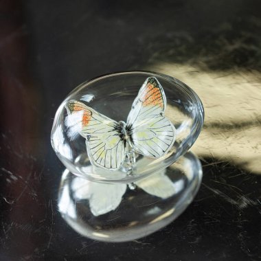 Gümüş arka planda kelebek olan cam paskalya yumurtası.