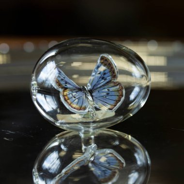 Gümüş arka planda kelebek olan cam bir Paskalya yumurtası. Cam yumurta. Kelebek yaklaş