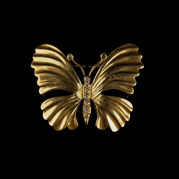 Kelebek şeklinde kristalleri olan altın rengi bir broş.