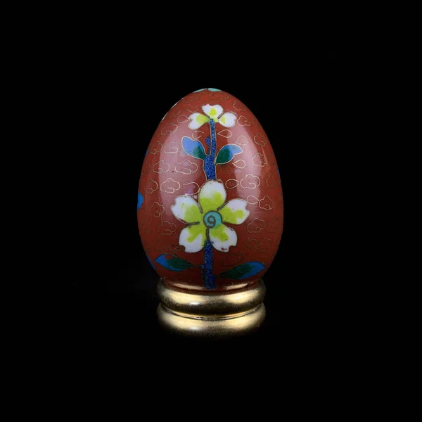 Red Wooden Easter Egg Floral Patterns Isolated Black Background — Stockfoto