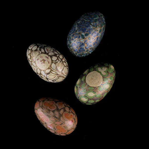 Set Wooden Easter Eggs Floral Patterns Isolated Black Background — 스톡 사진