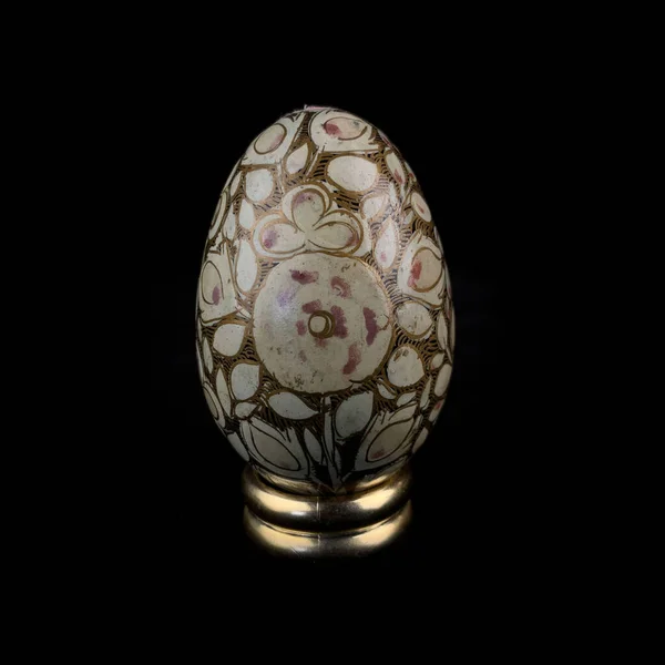 Wooden Easter Egg Floral Patterns Isolated Black Background — стоковое фото