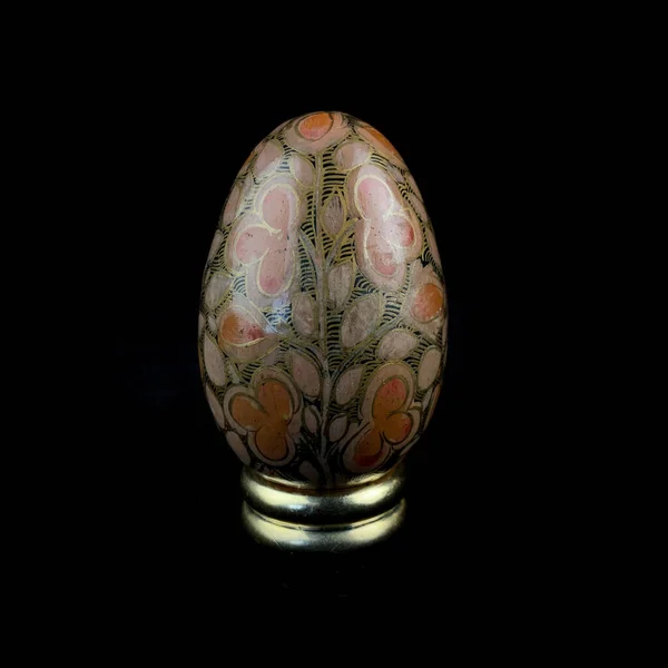 Wooden Easter Egg Floral Patterns Isolated Black Background — Stockfoto